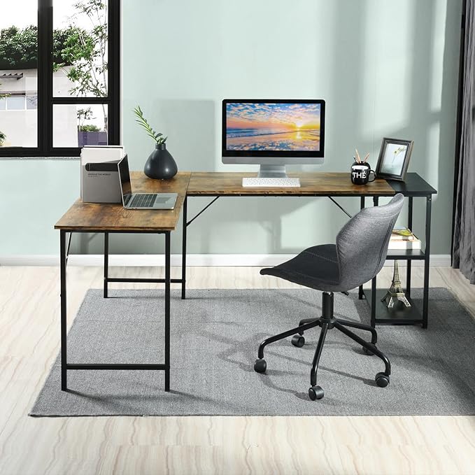 FurnitureR L-Shaped 58.3''Corner Computer Desk with Storage Shelf Long Gaming Desk for Home Office PC Workstation Saving Space Laptop Table (Brown and Black) - LeafyLoom