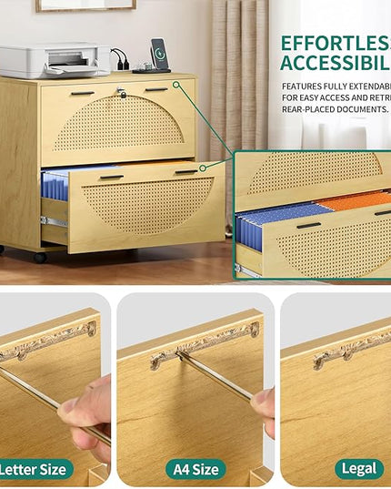 YITAHOME 2 Drawer File Cabinet with Charging Station, Rattan Filing Cabinet with Lock, Wood File Cabinet with Wheels, Home Office Furniture Fits A4, Letter, Legal Size Files - LeafyLoom