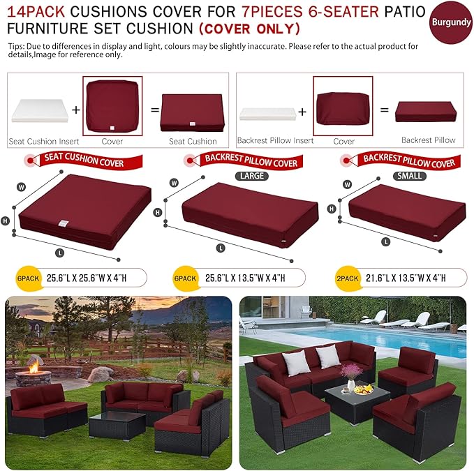ClawsCover 14Pack Outdoor Patio Seat and Back Cushions Replacement Covers Fit for 7Pieces 6-Seater Wicker Rattan Sectional Couch Chair Furniture Set,Burgundy-Include Cover Only (Large) - LeafyLoom