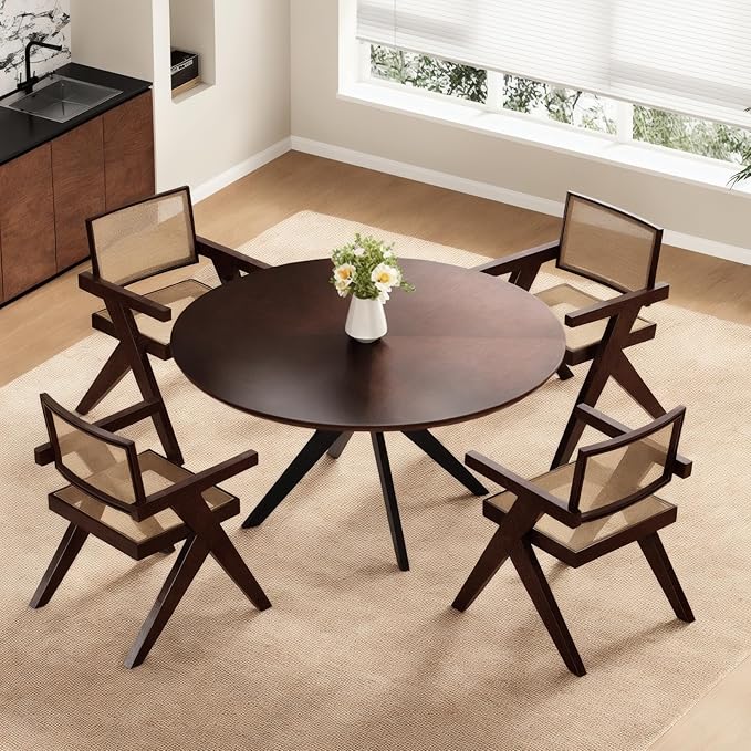 Soohow 47.2'' Round Dining Table Dining Room Table for 4-6 People,Kitchen Table Round Solid Wood Dining Table with Intersecting Pedestal Base,Walnut/Black - LeafyLoom