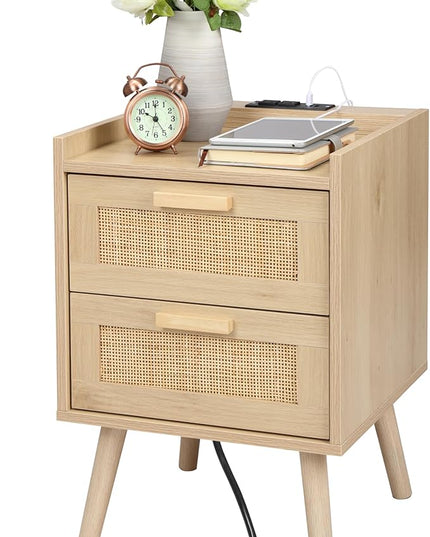 Finnhomy Nightstand with Charging Station, Bedside Table with 2 Hand Made Rattan Decorated Drawers, Night Stand with Storage for Bedroom, Natural - LeafyLoom