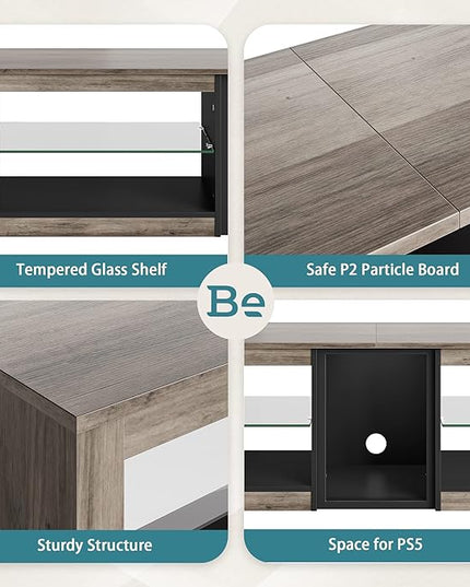 Bestier TV Stand for 70 inch TV, Gaming Entertainment Center for PS5, LED TV Cabinet with Glass Shelves for Living Room, 63'' Inch, Grey Wash - LeafyLoom