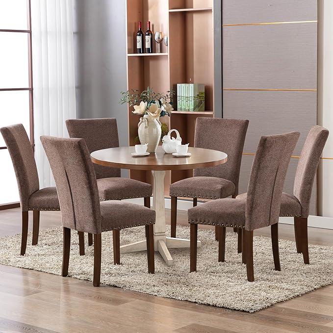COLAMY Upholstered Parsons Dining Chairs Set of 6, Fabric Dining Room Kitchen Side Chair with Nailhead Trim and Wood Legs - Brown - LeafyLoom