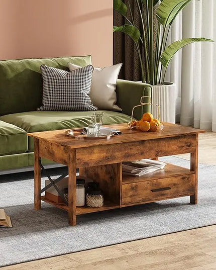 WLIVE Coffee Table, 39" Lift Top Coffee Table with Hidden Compartment and Sorage Drawers for Living Room, Rustic Brown - LeafyLoom