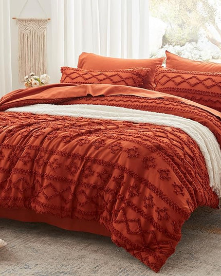 Anluoer Queen Comforter Set 7 Pieces, Burnt Orange Tufted Bed in a Bag with comforters and sheets, All Season Bedding Sets with 1 Comforter, 2 PillowShams, 2 Pillowcases, 1 Flat Sheet, 1 Fitted Sheet - LeafyLoom