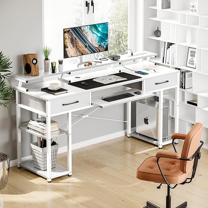 ODK Computer Desk with Drawers & Power Outlet, 63 Inch Office Desk with Keyboard Tray & Storage Shelves & PC Stand, Large Office Table Work Desk with Monitor Stand, White - LeafyLoom