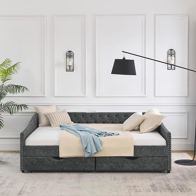 Queen Size Daybed with 2 Storage Drawers,Linen Upholstered Sofa Bed W/Button on Back & Copper Nail on Waved Shape Armrests,No Spring Box Need,Wood Bedframe for Living Room Bedroom Dorm,Grey - LeafyLoom