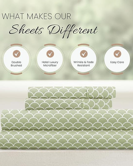 Linen Market 4 Piece King Bedding Sheet Set (Sage Scallops) - Sleep Better Than Ever with These Ultra-Soft & Cooling Bed Sheets for Your King Size Bed - Deep Pocket Fits 16" Mattress - LeafyLoom