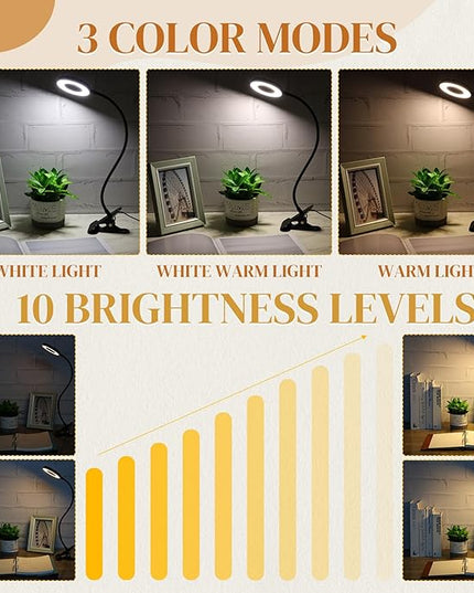 4 Pcs Desk Lamp Clip on Light 48 LEDs USB Clip Ring Light with 3 Color Modes and 10 Brightness Dimmable, Eye Protection Desk Light, 360° Flexible Gooseneck for Desk Headboard Reading - LeafyLoom