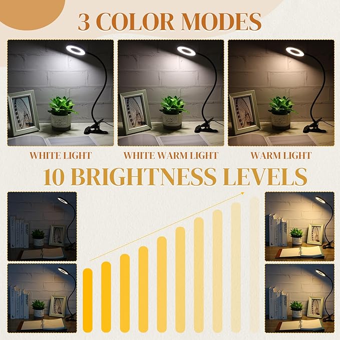 4 Pcs Desk Lamp Clip on Light 48 LEDs USB Clip Ring Light with 3 Color Modes and 10 Brightness Dimmable, Eye Protection Desk Light, 360° Flexible Gooseneck for Desk Headboard Reading - LeafyLoom