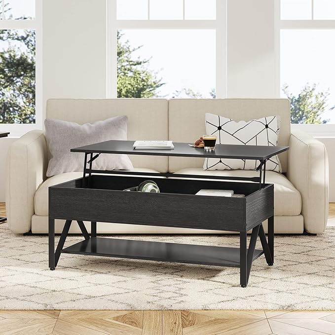 Novilla Lift Top Coffee Table with Storage 40 Inch Wood Lift Up Center Table for Living Room Tea Table with Hidden Compartment Rising Tabletop Table Cocktail Table, Black - LeafyLoom