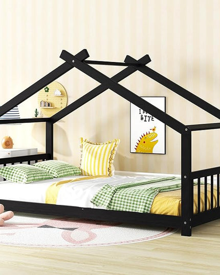 Montessori Floor Bed Frame Twin Size, Twin Floor Bed Frame with Headboard, Footboard and Slats, Wood Montessori Bed Frame/Montessori House Bed for Kids, Girls, Boys(Espresso) - LeafyLoom
