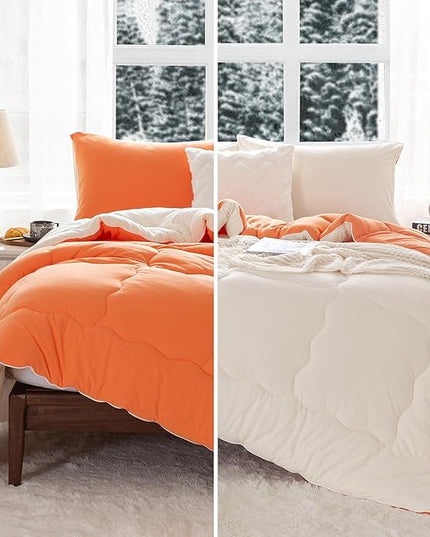 COTTEBED Warm Reversible Softness Burnt Orange and Beige King Size Comforter Sets Clearance, California King Soft Fully Breathable Bedding Down Comforter and Pillowsham for Women Winter King/Cal King - LeafyLoom