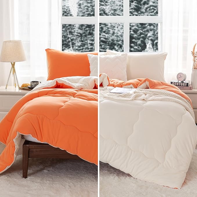 COTTEBED Warm Reversible Softness Burnt Orange and Beige King Size Comforter Sets Clearance, California King Soft Fully Breathable Bedding Down Comforter and Pillowsham for Women Winter King/Cal King - LeafyLoom