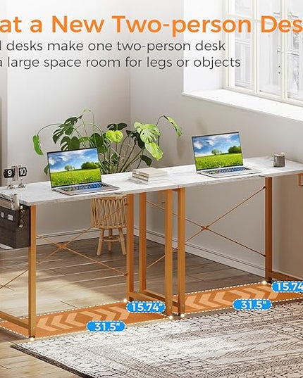 ODK Laptop Desk Study Desk, 32 Inch Small Desk, Writing Desk with Storage, Work Table with Headphone Hook for Small Space Home Office, White Marble + Gold Leg - LeafyLoom