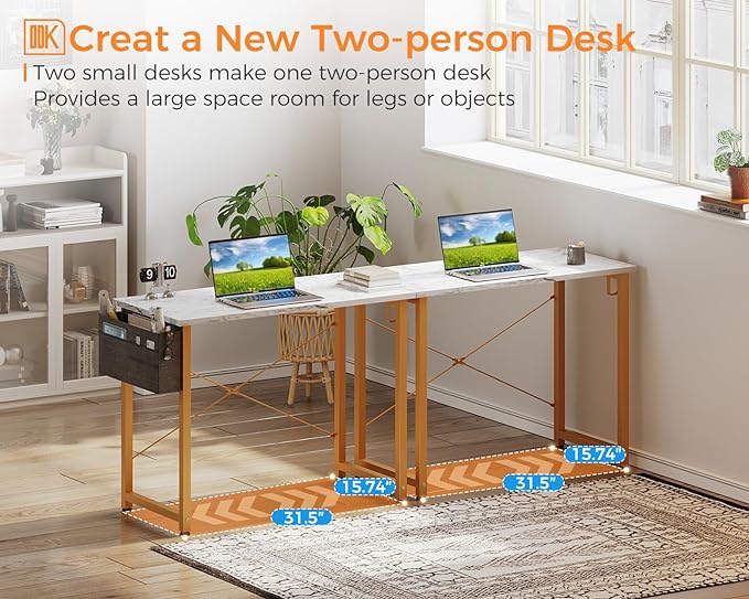 ODK Laptop Desk Study Desk, 32 Inch Small Desk, Writing Desk with Storage, Work Table with Headphone Hook for Small Space Home Office, White Marble + Gold Leg - LeafyLoom