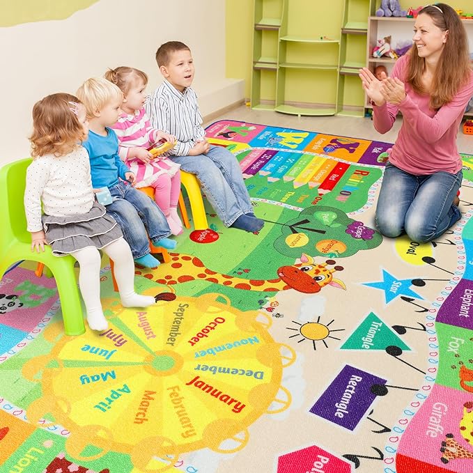 6x9 Kids Room Rug Play Mat Carpet Educational and Fun Playmat with ABC Alphabet Animals Shapes Colors Non Slip Area Rug Learning Rugs for Bedroom Playroom Baby Toddler Children Play Game Activity - LeafyLoom
