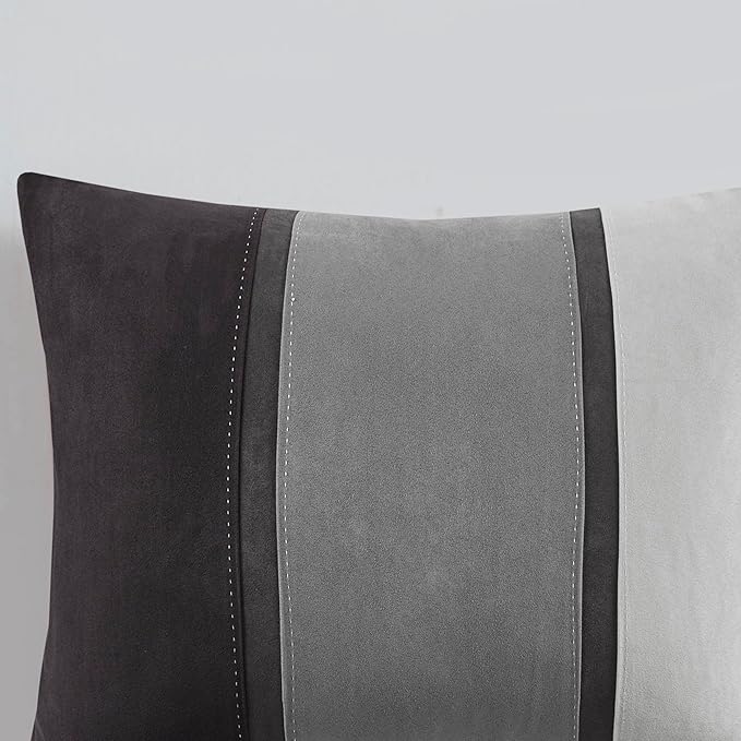Madison Park Palisades Comforter Set Modern Faux Suede Pieced Stripe Design, All Season Down Alternative Cozy Bedding with Matching Shams, Decorative Pillows, King(104"x92"), Black 7 Piece - LeafyLoom