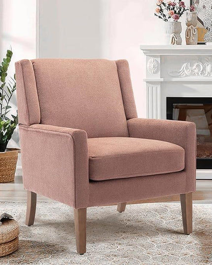 COLAMY Modern Wingback Living Room Chair, Upholstered Fabric Accent Armchair, Single Sofa chair with Lounge Seat and Wood Legs for Bedroom/Office/Reading Spaces, Pink - LeafyLoom