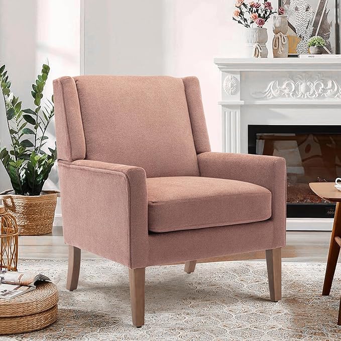 COLAMY Modern Wingback Living Room Chair, Upholstered Fabric Accent Armchair, Single Sofa chair with Lounge Seat and Wood Legs for Bedroom/Office/Reading Spaces, Pink - LeafyLoom