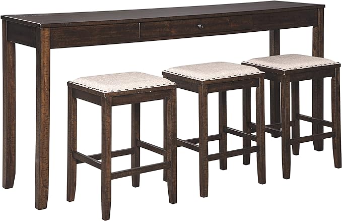 Signature Design by Ashley Rokane Urban Farmhouse 25" Counter Height Dining Room Table Set with 3 Bar Stools, Brown - LeafyLoom