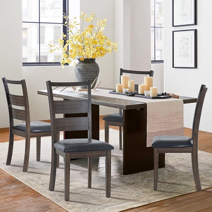 COLAMY Upholstered Dining Chairs Set of 4, PU Leather Dining Room Kitchen Side Chair with Ladder High Back and Adjustable Foot Pegs - Dark Brown - LeafyLoom