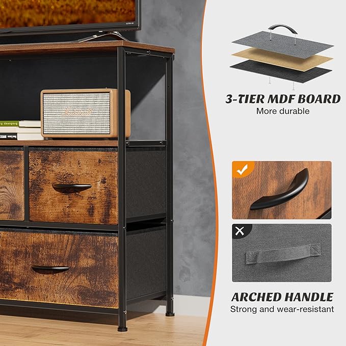 Sweetcrispy TV Stand for Bedroom, TV Dresser for 45 inches, Media Console Table, Entertainment Center with 5 Fabric Drawers Cabinet and Open Storage Shelf Furniture Cabinet for Living Room, Hallway - LeafyLoom
