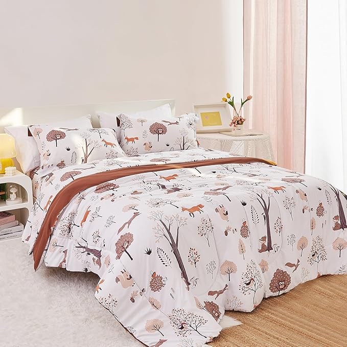 Kids Woodland Comforter Set for Boys Girls Twin Size, Cute Reversible Quilted Forest Animal Print Fall Bedding with Pillow Sham, Lightweight Soft Breathable Machine Camping Themed Bed Set 2 Piece - LeafyLoom
