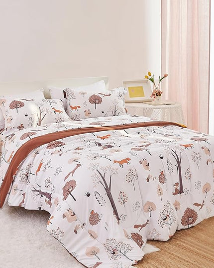 Kids Comforter Set for Boys Girls Full Size, Cute Reversible Quilted Woodland Forest Animal Print Fall Bedding with Pillow Sham, Lightweight Soft Breathable Machine Camping Themed Bed Set 3 Piece - LeafyLoom