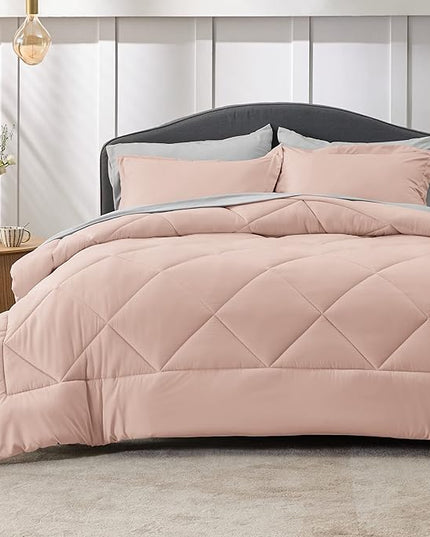 Bedsure Blush Pink Queen Comforter Set - 7 Pieces Reversible Queen Bed in a Bag Queen Bed Set with Comforters, Sheets, Pillowcases & Shams, Queen Bedding Sets - LeafyLoom