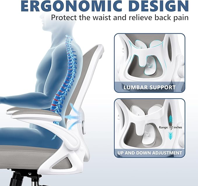 Office Chair Desk Chair, Ergonomic Mesh Computer Chair Home Office Desk Chairs, Swivel Task Chair Mid Back Breathable Rolling Chair with Adjustable Lumbar Support Flip Up Armrest (Gray) - LeafyLoom
