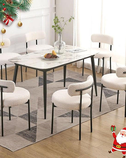 EDWELL White Dining Chairs Set of 6, Modern Dining Room Chairs with 3.94“ Cushions Mid-Century, Round Upholstered Boucle Chairs for Kitchen, Living Room, Kitchen Chairs with Black Metal Legs - LeafyLoom