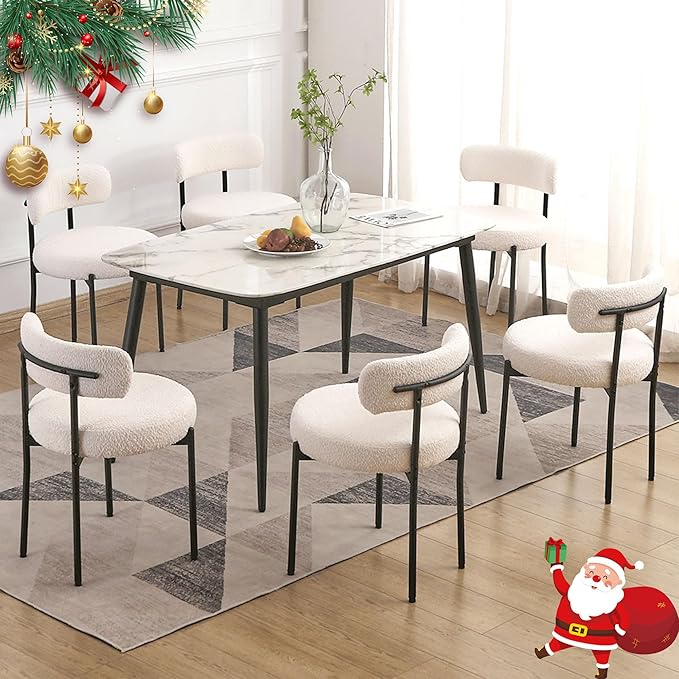 EDWELL White Dining Chairs Set of 6, Modern Dining Room Chairs with 3.94“ Cushions Mid-Century, Round Upholstered Boucle Chairs for Kitchen, Living Room, Kitchen Chairs with Black Metal Legs - LeafyLoom