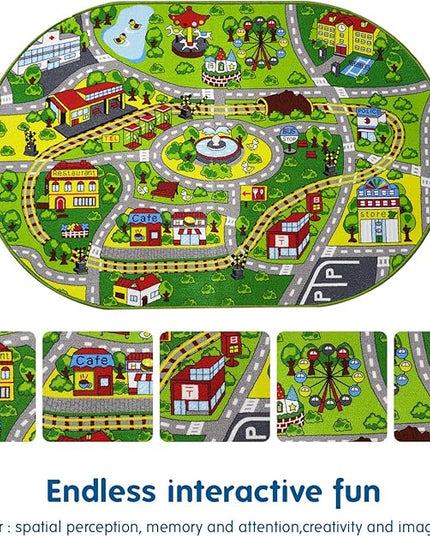 Booooom Jackson Train Car Rug for Kids-Kids Road Rug-Car Area Rug-Oval Rug-Kids Car Rug Play Mat-Car Rug for Boys Room Playroom Bedroom-Car Track Rug-Car Play Mat-Kids Rug City Car Carpet - LeafyLoom