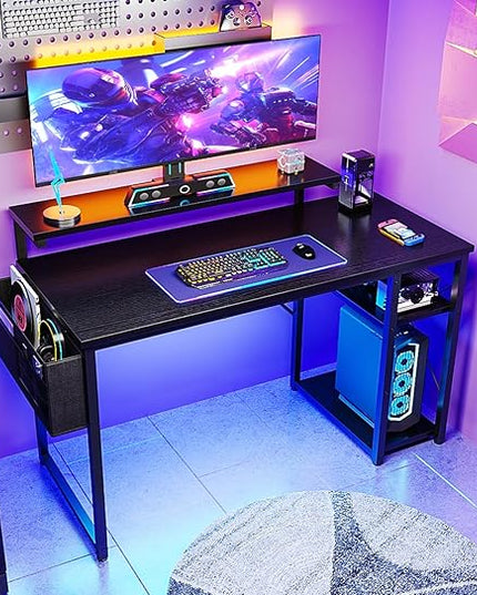 KKL 48 inch Small Computer Desk with Adjustable Monitor Stand, Home Office Desk & Workstation with Storage Shelves, Reversible Work Writing Study Table for Bedroom, Black - LeafyLoom