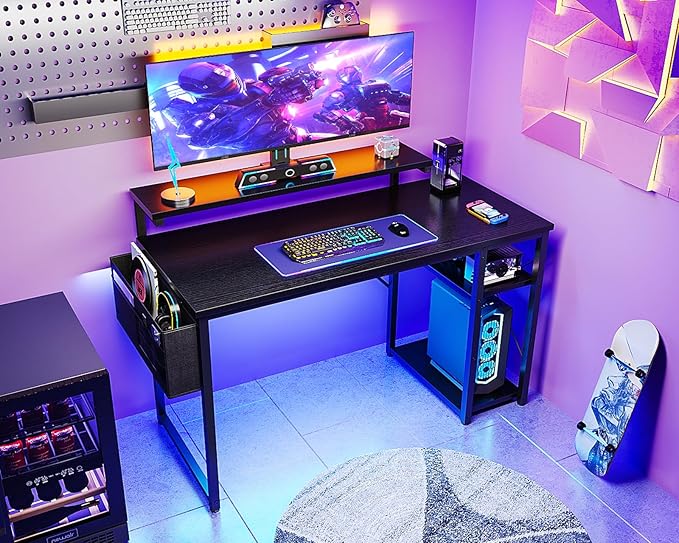 KKL 48 inch Small Computer Desk with Adjustable Monitor Stand, Home Office Desk & Workstation with Storage Shelves, Reversible Work Writing Study Table for Bedroom, Black - LeafyLoom