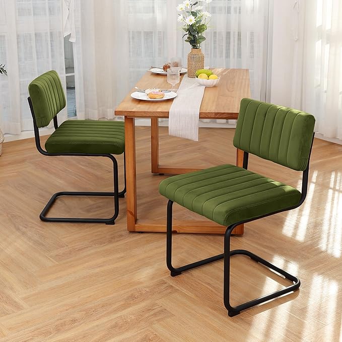 ONEVOG Green Velvet Dining Chairs Set of 2, Upholstered kitchen Dining Room Chair, Comfy Green Chair with Black Metal Legs, Cantilevered Design Chair for Bedroom, Living Room - LeafyLoom