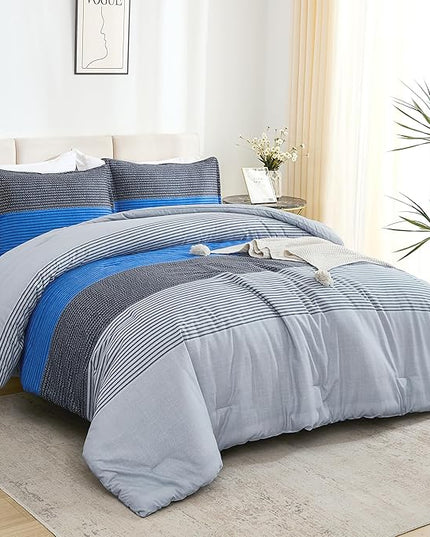 Litanika Blue California King Comforter Set - 3 Pieces Cal King Oversized Lightweight Summer Gray Blue Colorblock Stripe Bedding Set (104x96In, 2 Pillowcases) - LeafyLoom