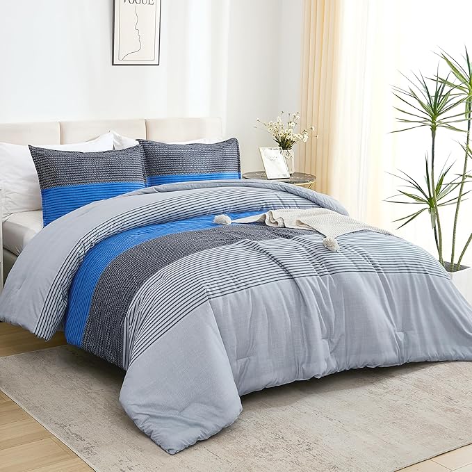 Litanika Bed Comforter Full Set Grey Blue, Striped Bedding Comforter Set, 3 Pieces Lightweight Soft All Season Down Alternative Comforter (1 Comforter, 2 Pillowcases) - LeafyLoom