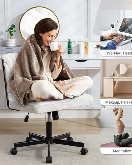 Criss Cross Legged Office Desk Chair with Wheels, Modern Armless Desk Chair with Wide Seat, Home Office Chair for Work, Meditation, Vanity, Beige - LeafyLoom