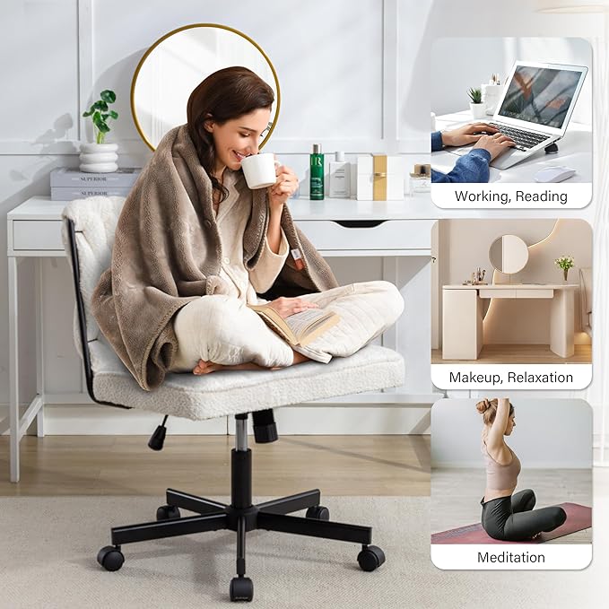 Criss Cross Legged Office Desk Chair with Wheels, Modern Armless Desk Chair with Wide Seat, Home Office Chair for Work, Meditation, Vanity, Beige - LeafyLoom