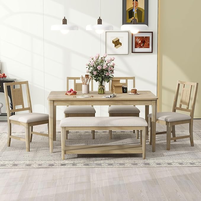 6-Piece Wooden Minimalist Dining Table Set with 4 Upholstered Chairs & 1 Bench with a Shelf for Kitchen Room Furniture, Natural Wood Wash, 60" L x 43" W x 30" H - LeafyLoom