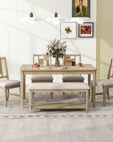 60 Inch Dining Table Set for 6, Minimalist Dining Table and 4 Upholstered Chairs & 1 Bench with a Shelf, Dining Room Table Set for Kitchen, Living Room, Natural Wood Wash+Beige - LeafyLoom