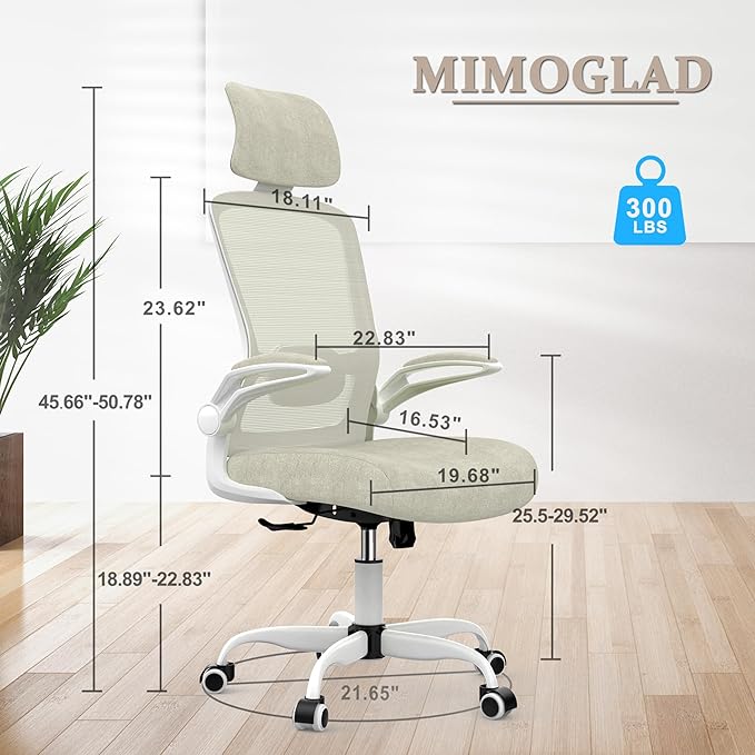 Mimoglad Office Chair, High Back Ergonomic Desk Chair with Adjustable Lumbar Support and Headrest, Swivel Task Chair with flip-up Armrests for Guitar Playing, 5 Years Warranty - LeafyLoom