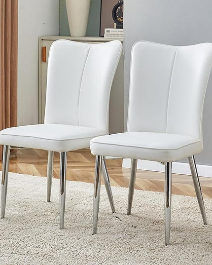 Modern Dining Chairs Set of 2, PU Leather Seat Cushions White Dining Room Chair, with Silver Metal Legs Kitchen Chair for Home Living Room, Restaurant, White Chair Silver Legs - LeafyLoom