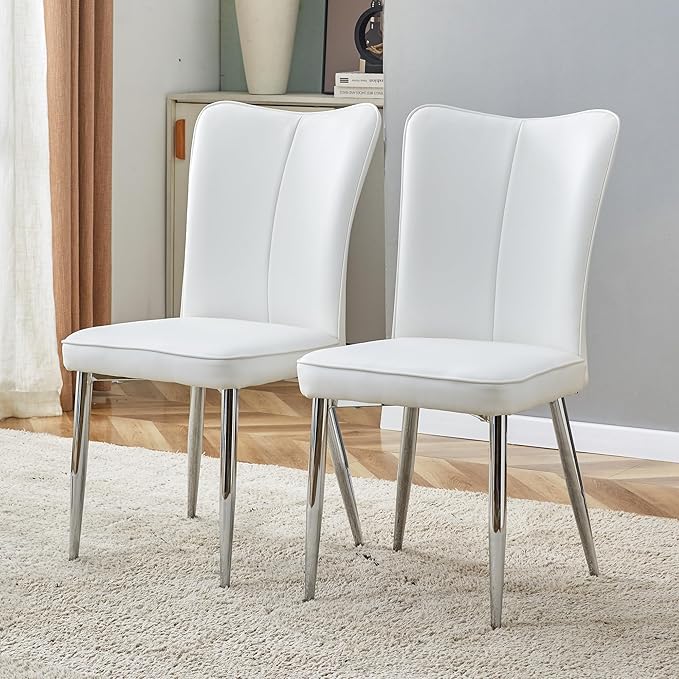 Modern Dining Chairs Set of 2, PU Leather Seat Cushions White Dining Room Chair, with Silver Metal Legs Kitchen Chair for Home Living Room, Restaurant, White Chair Silver Legs - LeafyLoom