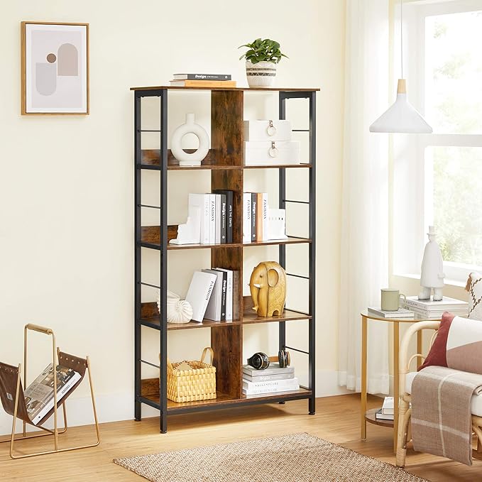 VASAGLE Industrial 8-Compartment Bookshelf, 4-Tier Bookcase with 8 Open Slots, Display Storage Rack, for Office, Living Room, Bedroom, 31.5 x 13 x 58.7 Inches, Rustic Brown and Black ULLS105B01 - LeafyLoom