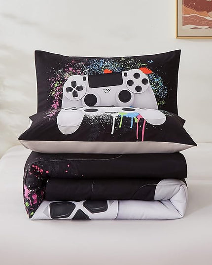 Gamer Bedding Sets for Boys, Full Size 3-Piece Gaming Comforter Sets for Kids Teens, Soft Microfiber Video Game Bedding Sets for Game Lovers, 1 Comforter and 2 Pillowcase(White,Full) - LeafyLoom