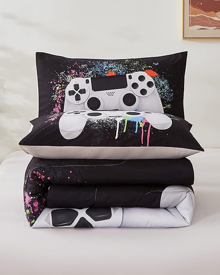 Gamer Bedding Sets for Boys, Queen Size 3-Piece Gaming Comforter Sets for Kids Teens, Soft Microfiber Video Game Bedding Sets for Game Lovers, 1 Comforter and 2 Pillowcase(White,Queen) - LeafyLoom