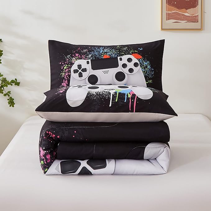 Gamer Bedding Sets for Boys, Queen Size 3-Piece Gaming Comforter Sets for Kids Teens, Soft Microfiber Video Game Bedding Sets for Game Lovers, 1 Comforter and 2 Pillowcase(White,Queen) - LeafyLoom